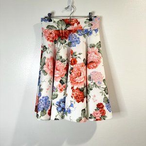 Love Culture Floral Scuba Knee Skirt Size Large L Swing White Pink Retro 50s